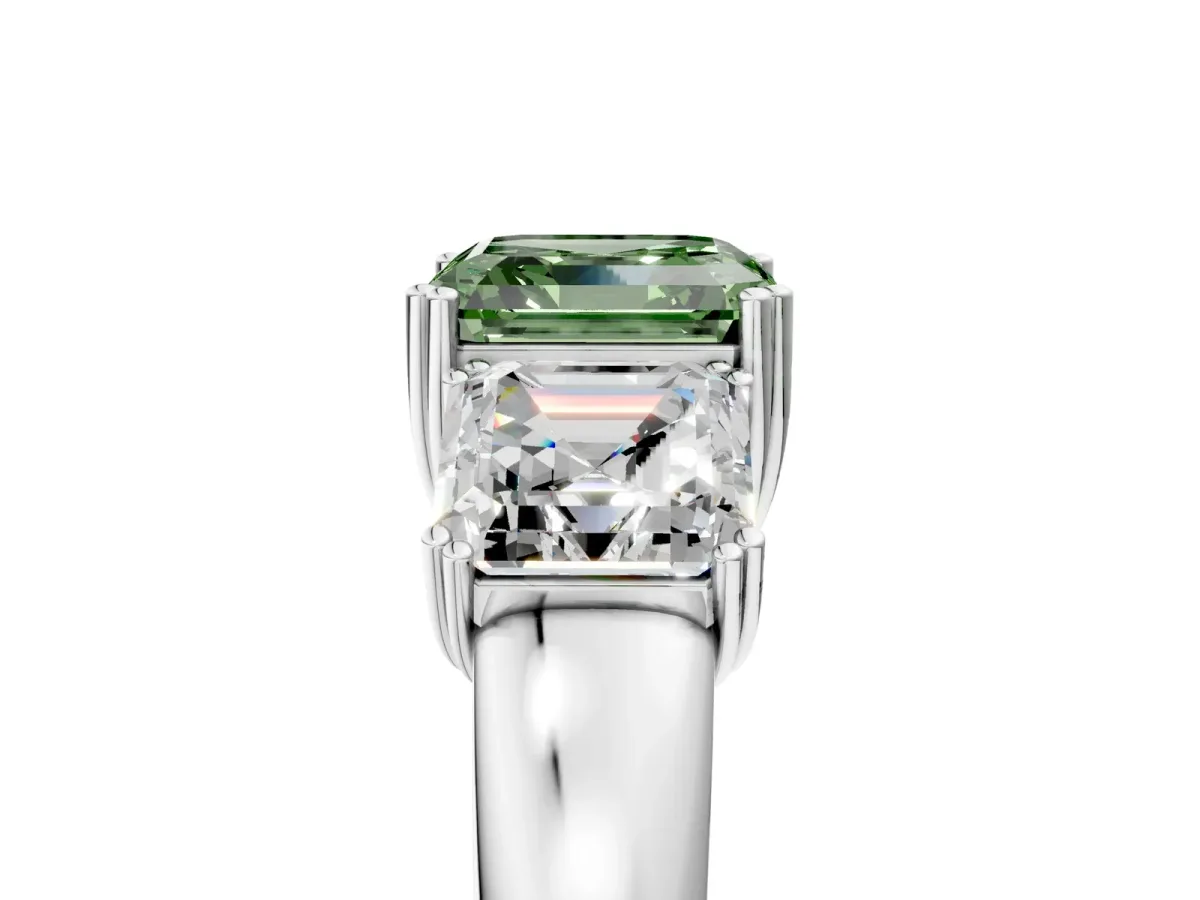 Fancy Green Three-Stone Asscher Cut Cut Diamond Ring with Channel Set Band and Four-Prong Setting Silver
