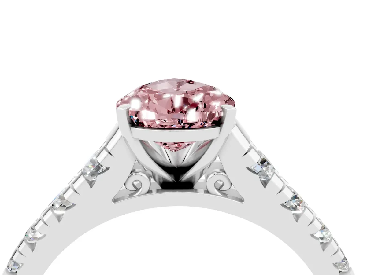 Pear Cut Morganite Cathedral Solitaire Ring with Round Pavé Band Silver