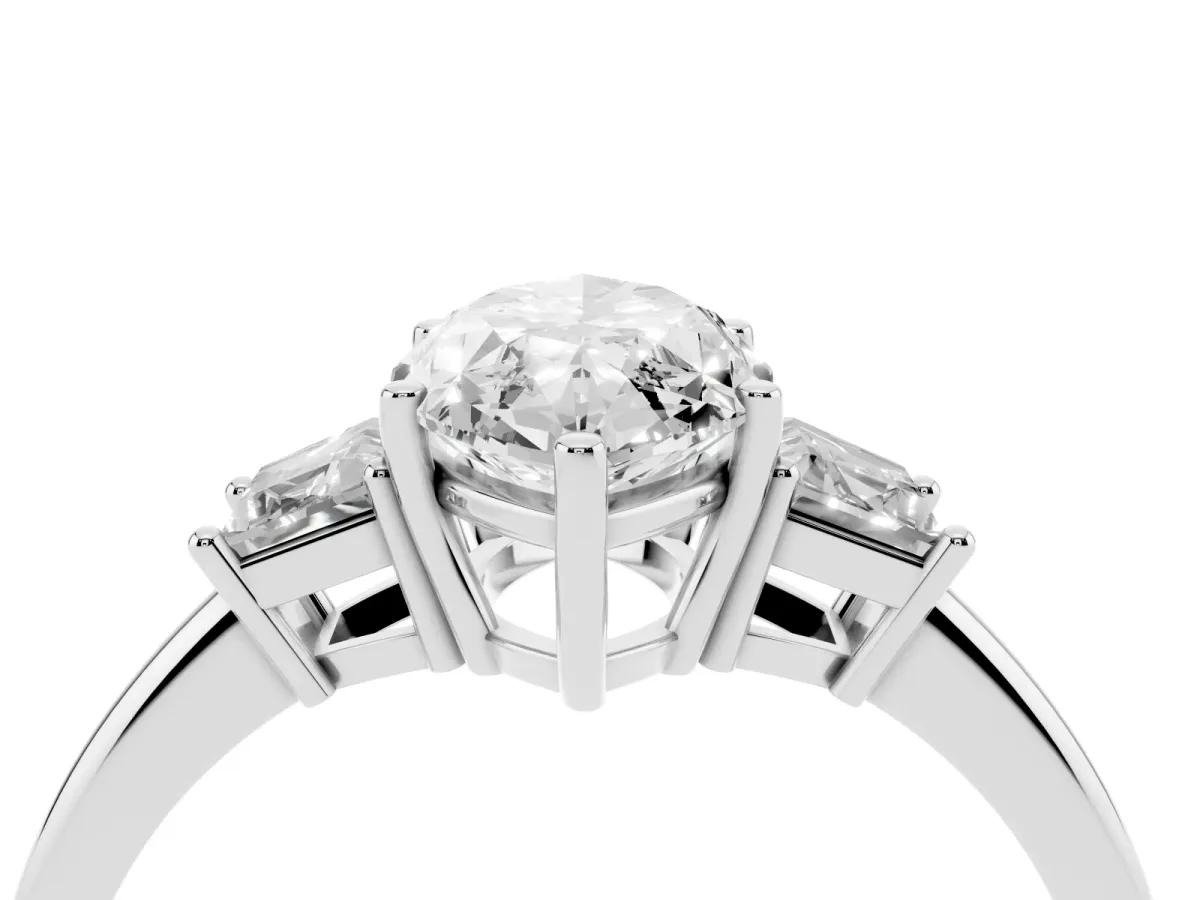 Marquise Cut Diamond Three-Stone Ring with Trapezoid Side Stones and Prong Setting Silver