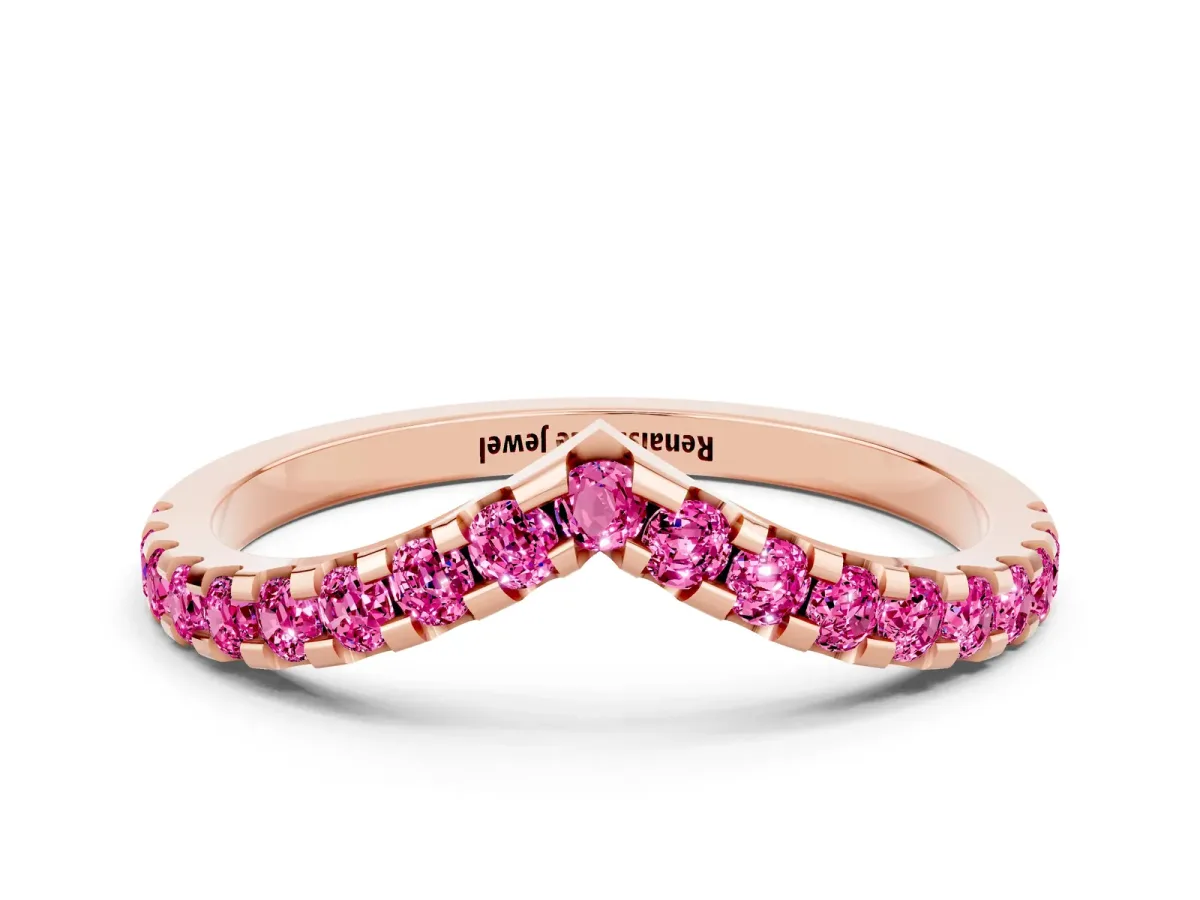 Pavé Round Pink Sapphire Chevron Band with Shared Prong Setting Rose gold