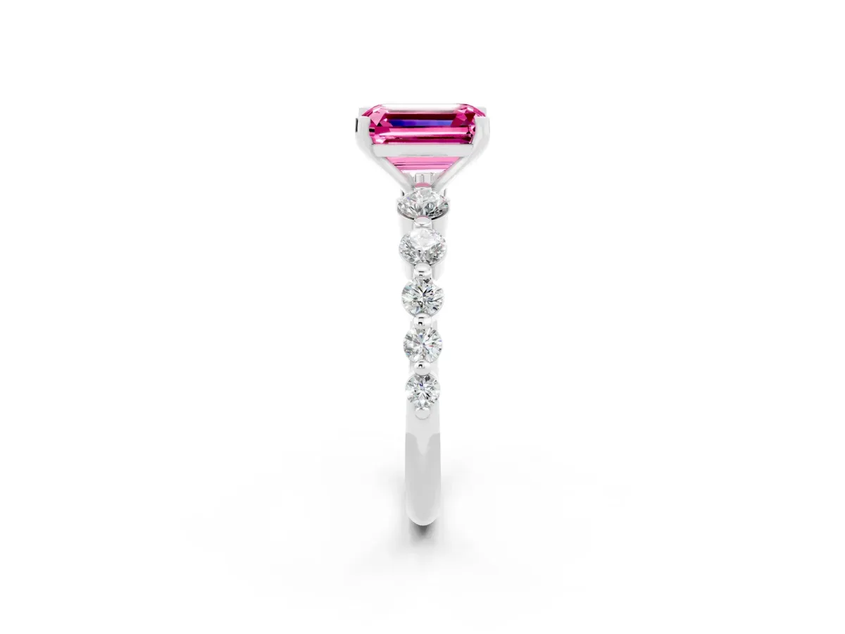 Emerald Cut Solitaire Pink Sapphire Ring with Pave Band and Four-Prong Setting Silver