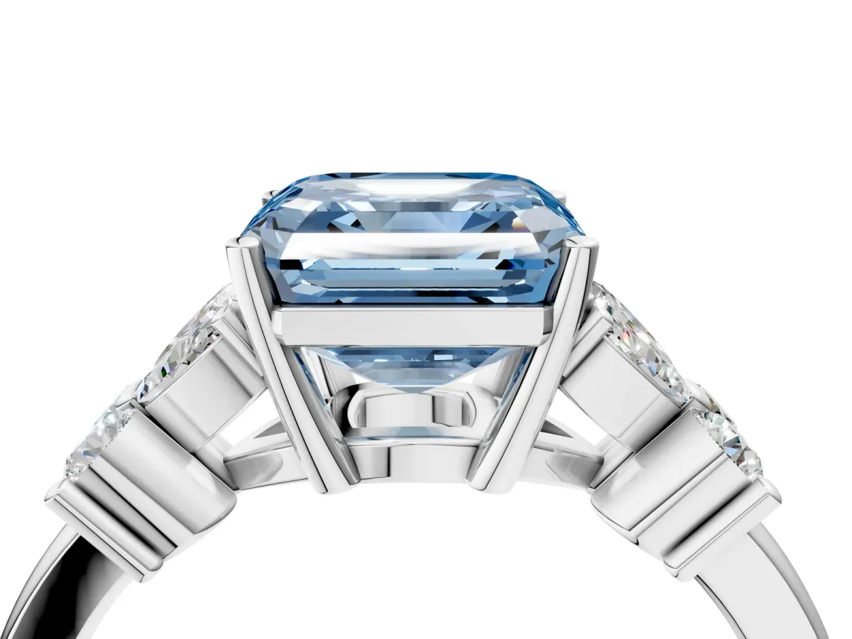 Fancy Blue Asscher Cut Diamond Floral Cluster Ring with Solitaire Band and Prong Setting Platinum