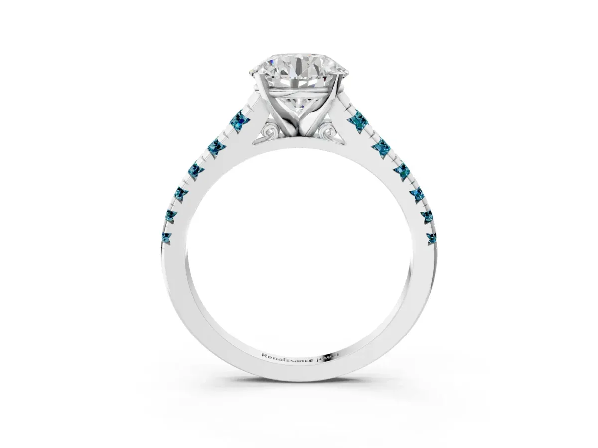 Round Cut Diamond Cathedral Solitaire Ring with Round Blue Topaz Pavé Band Silver