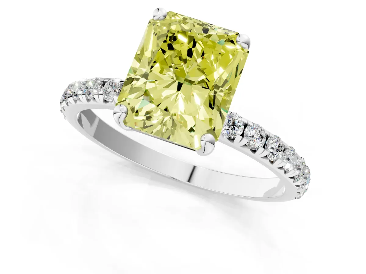Fancy Yellow Radiant Cut Cut Diamond Solitaire Ring with Micro Pave Band and Four Prong Setting Platinum