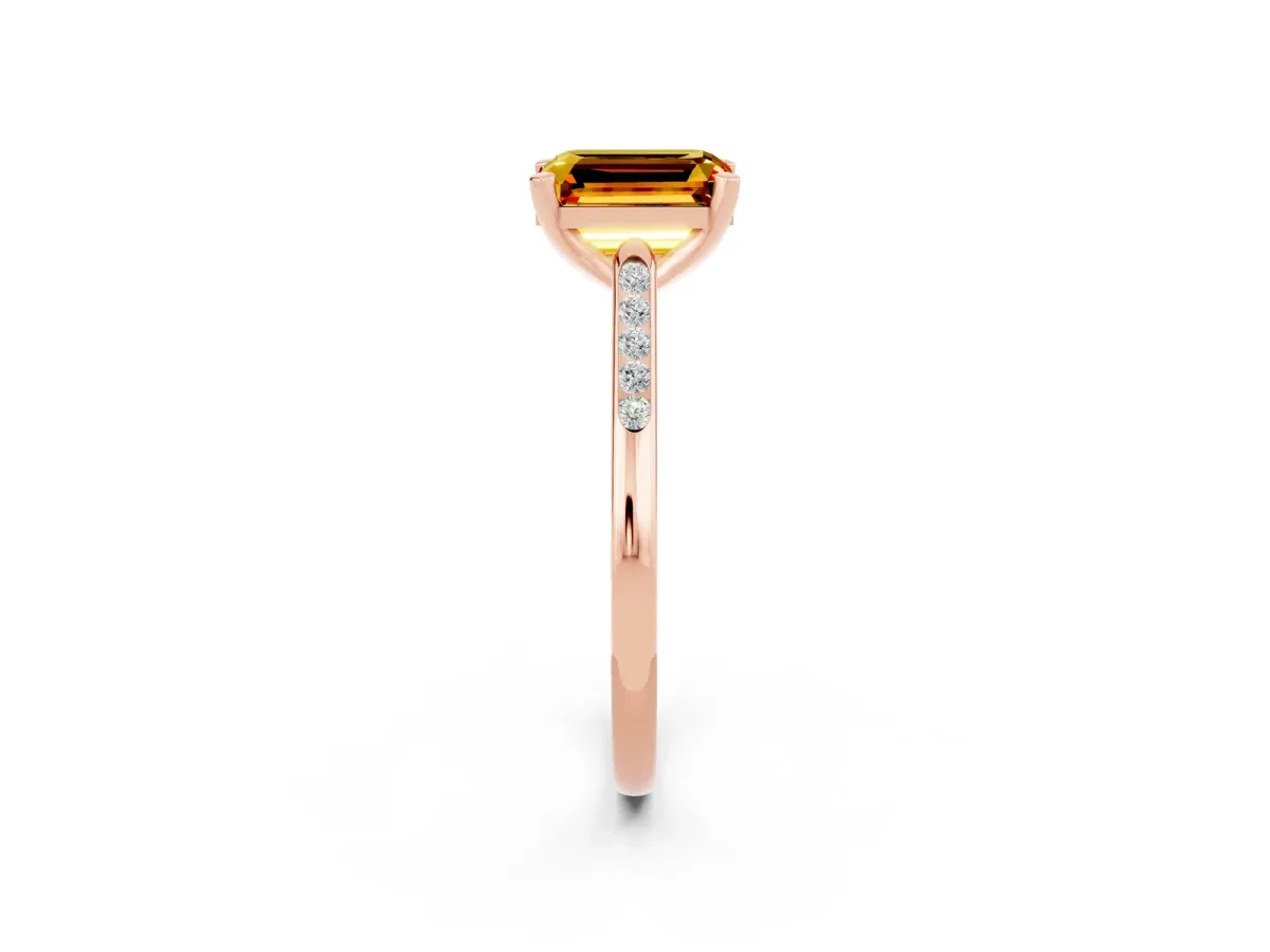 Emerald Cut Citrine Solitaire Ring with Channel Set Round Band and Prong Setting Rose gold