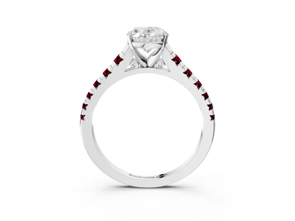 Oval Cut Diamond Cathedral Solitaire Ring with Round Garnet Pavé Band Platinum