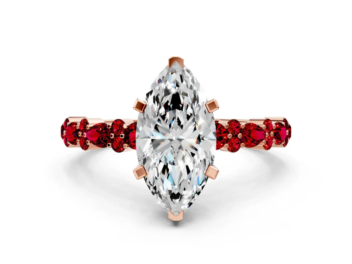 Marquise Cut Diamond Side Stone Solitaire Ring with Round Ruby and Four-Prong Setting Rose gold