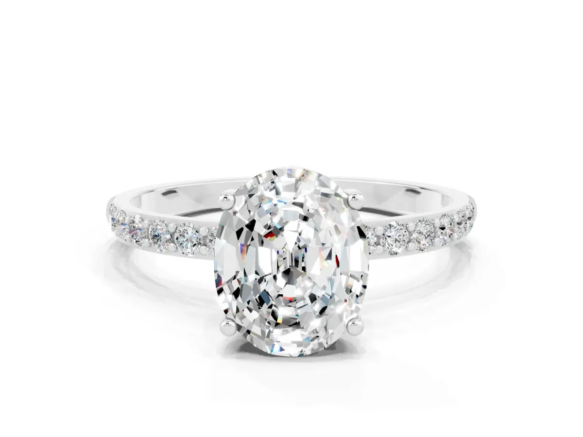 Oval Cut Moissanite Solitaire Ring with Round Pavé Band and Prong Setting Silver