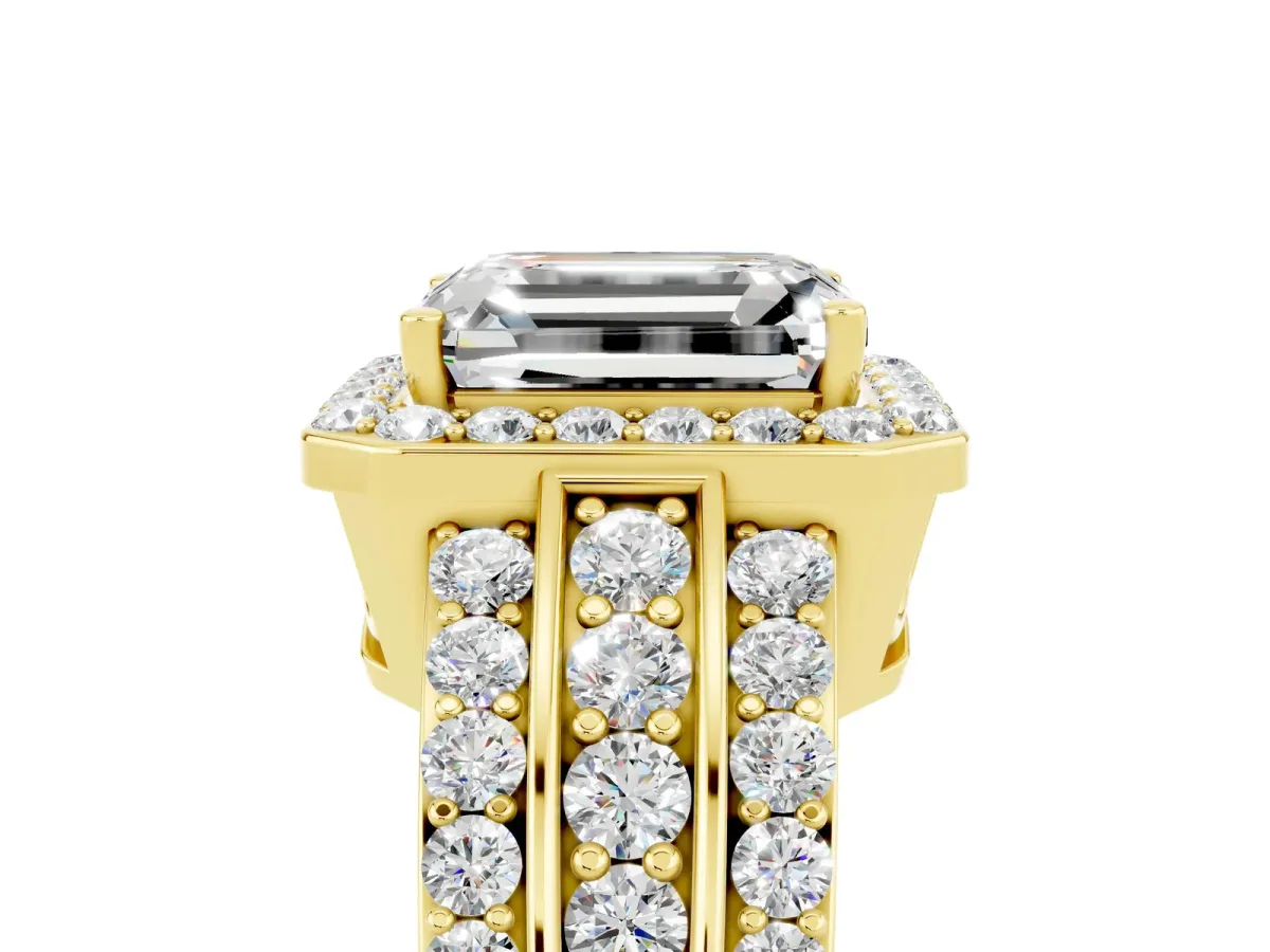 Emerald Cut Halo Moissanite Ring with Round Split Shank and Prong Setting Yellow gold