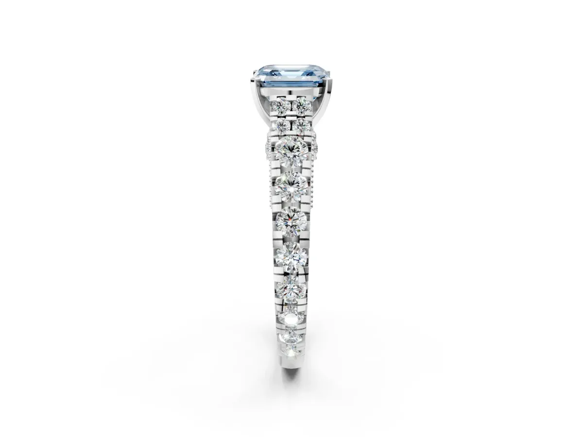 Fancy Blue Asscher Cut Diamond Classic Solitaire Ring with Pavé Band and Four-Prong Setting Platinum