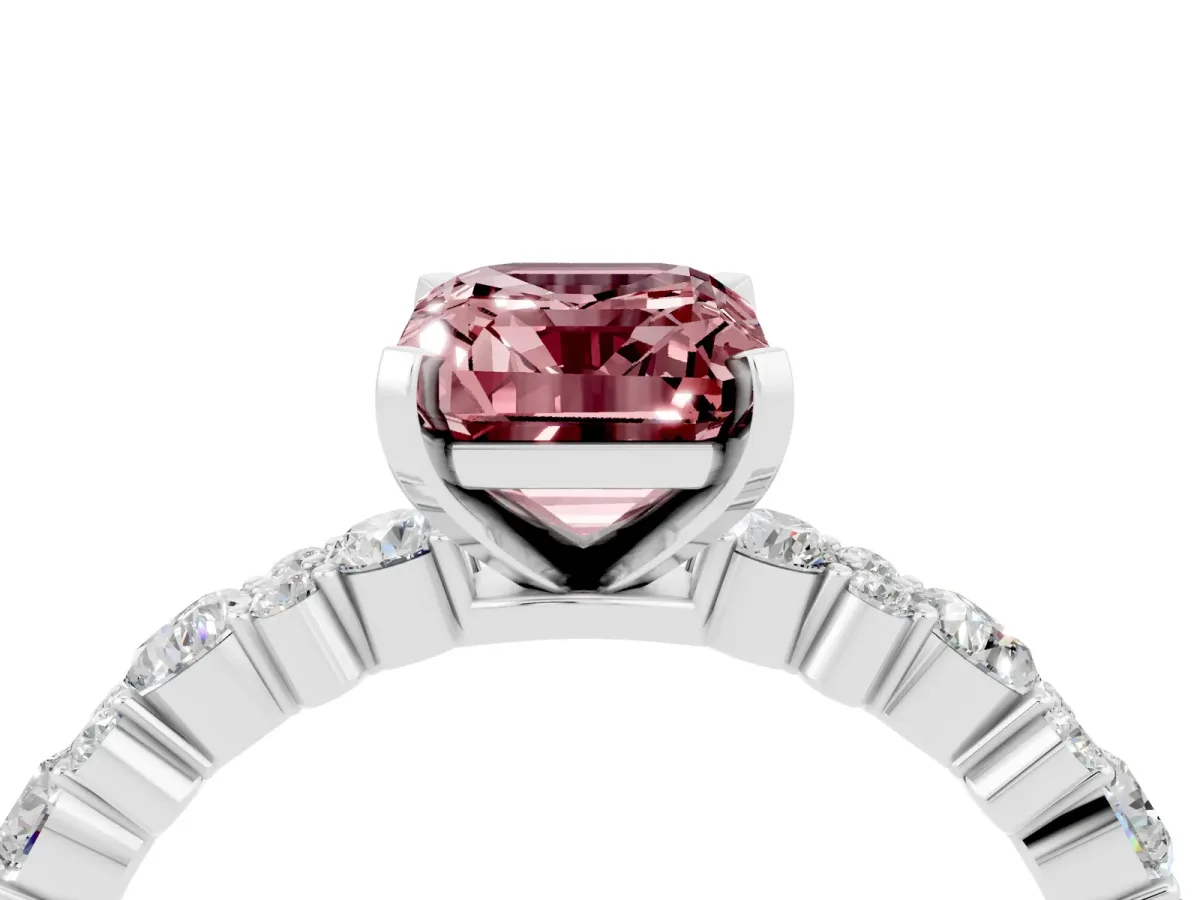 Emerald Cut Morganite Side Stone Solitaire Ring with Round and Four-Prong Setting White gold