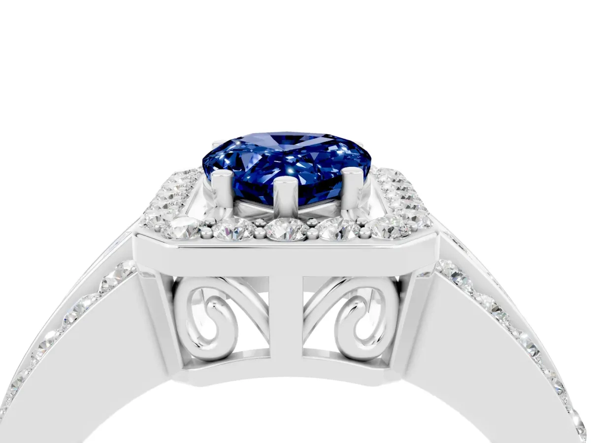 Pear Cut Halo Blue Sapphire Ring with Round Split Shank and Prong Setting Silver