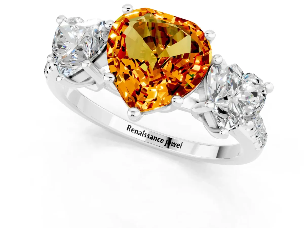 Three-Stone Heart Cut Citrine Ring with Round Pavé Band and Prong Setting Silver