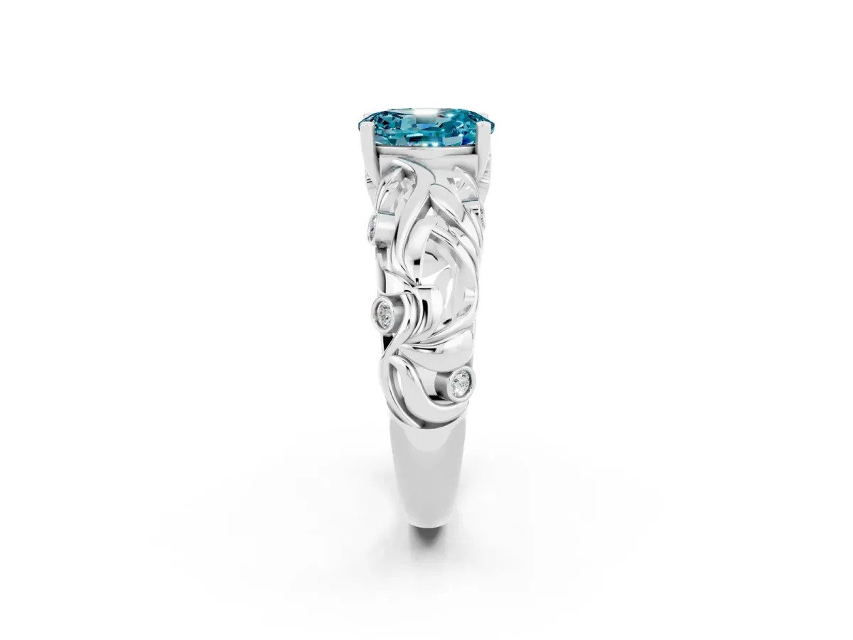 Oval Cut Solitaire Blue Topaz Leaf-Inspired Vine Band Ring with Prong Setting White gold