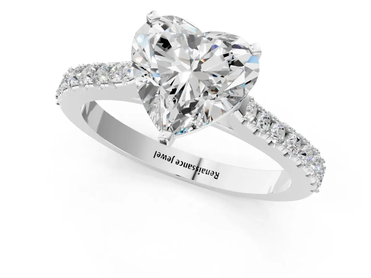 Heart Cut Cut Solitaire Diamond Engagement Ring with Pave Band and Four-Prong Setting Silver