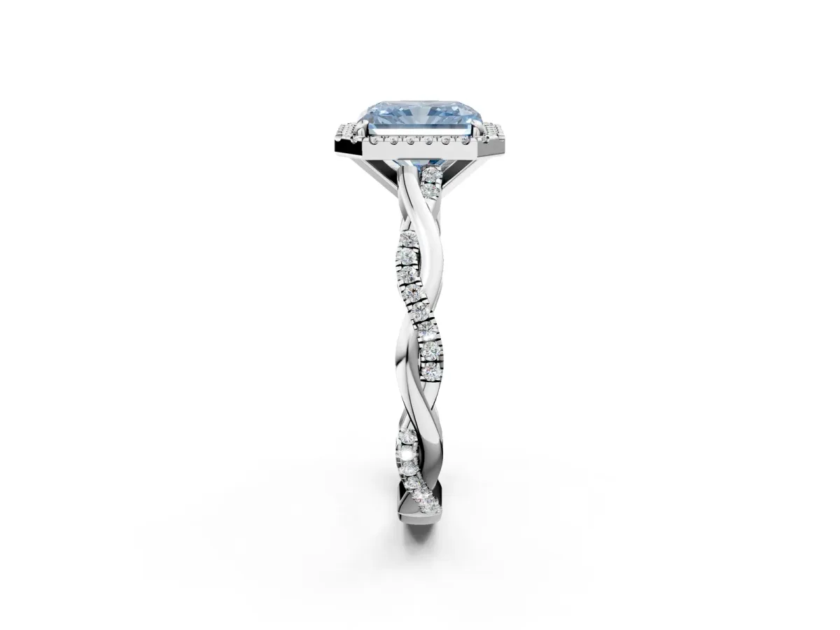 Fancy Blue Radiant Cut Cut Halo Twisted Band Four-Prong Ring Platinum