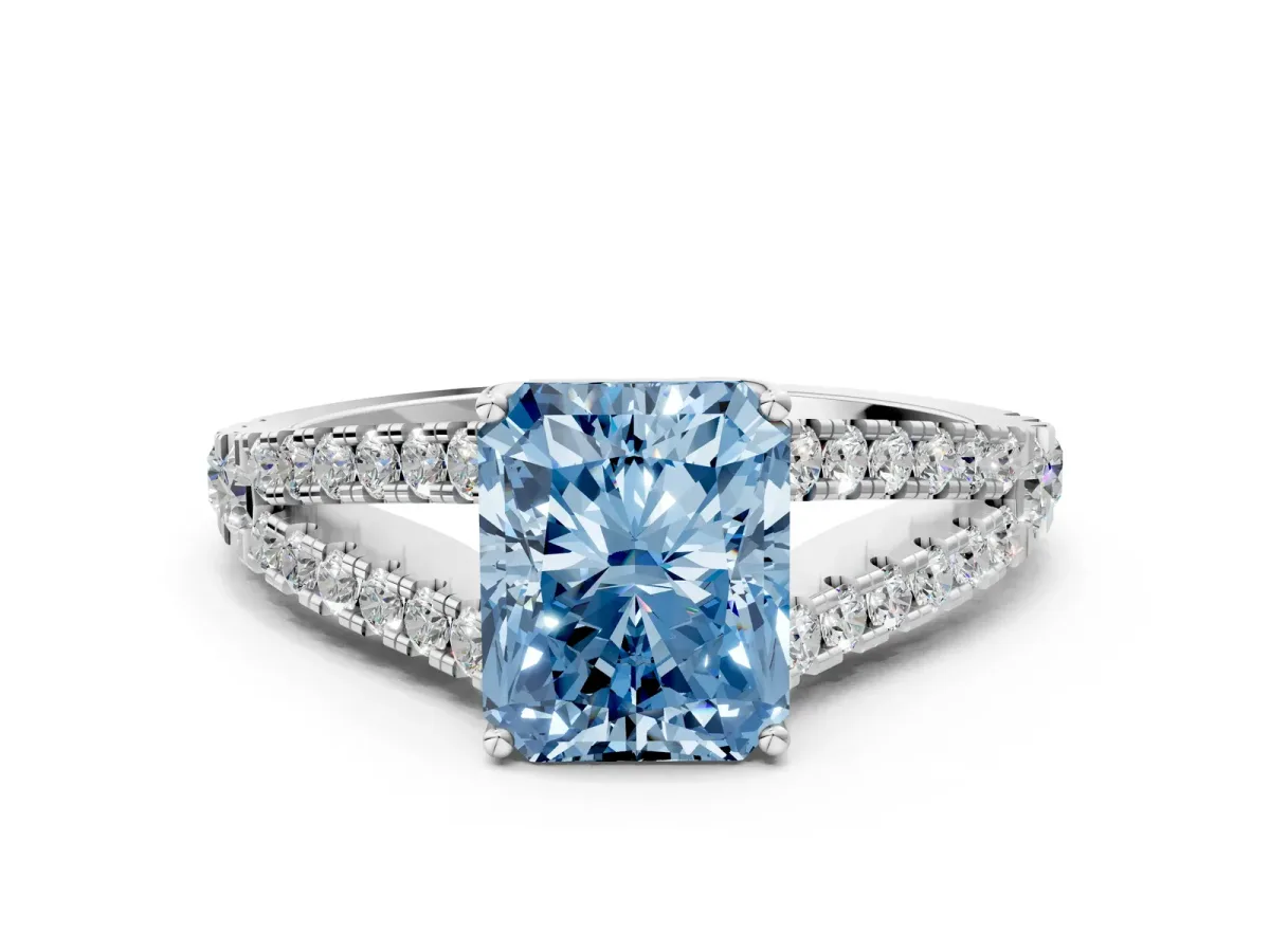 Fancy Blue Radiant Cut Diamond Split Shank Pavé Engagement Ring with Four-Prong Setting White gold