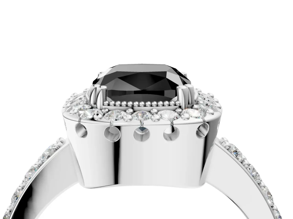 Fancy Black Cushion Cut Diamond Halo Ring with Pavé Band and Prong Setting Silver