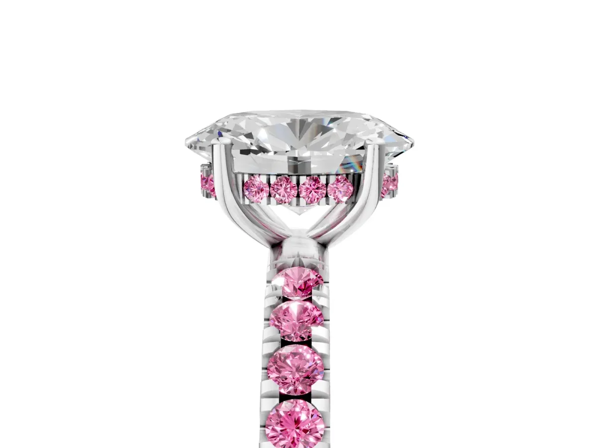 Oval Cut Diamond Pave Band Solitaire Ring with Round Pink Sapphire and Prong Setting Silver