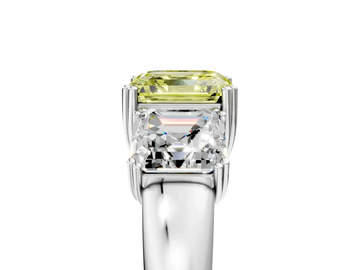Fancy Yellow Three-Stone Asscher Cut Cut Diamond Ring with Channel Set Band and Four-Prong Setting Silver