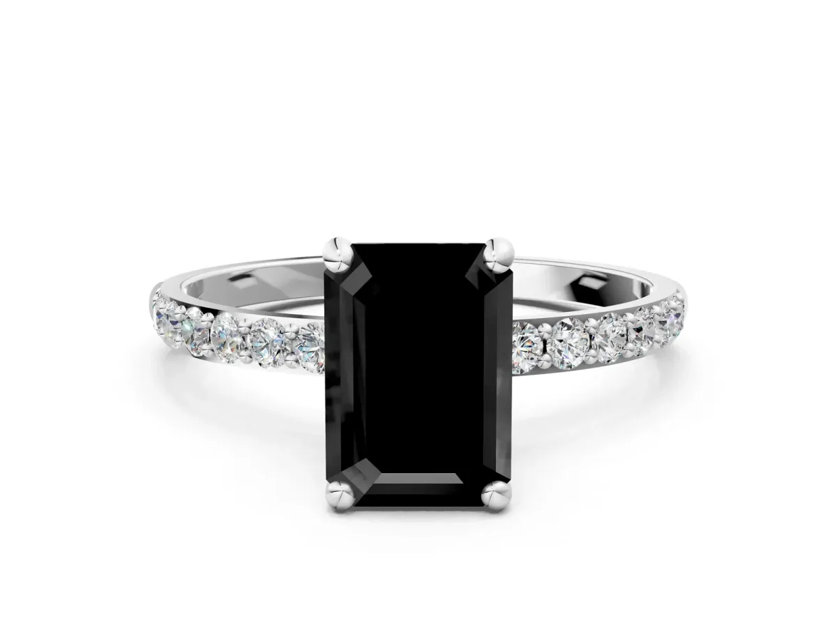 Fancy Black Emerald Cut Diamond Solitaire Ring with Round Pavé Band and Prong Setting Platinum