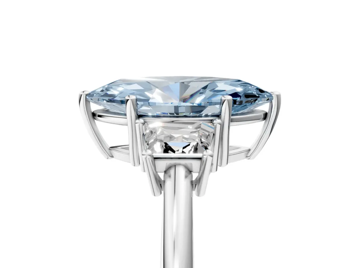 Fancy Blue Marquise Cut Diamond Three-Stone Ring with Trapezoid Side Stones and Prong Setting Silver