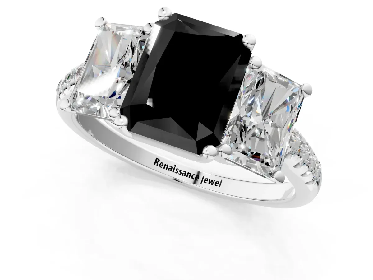Fancy Black Three-Stone Radiant Cut Diamond Ring with Round Pavé Band and Prong Setting Silver