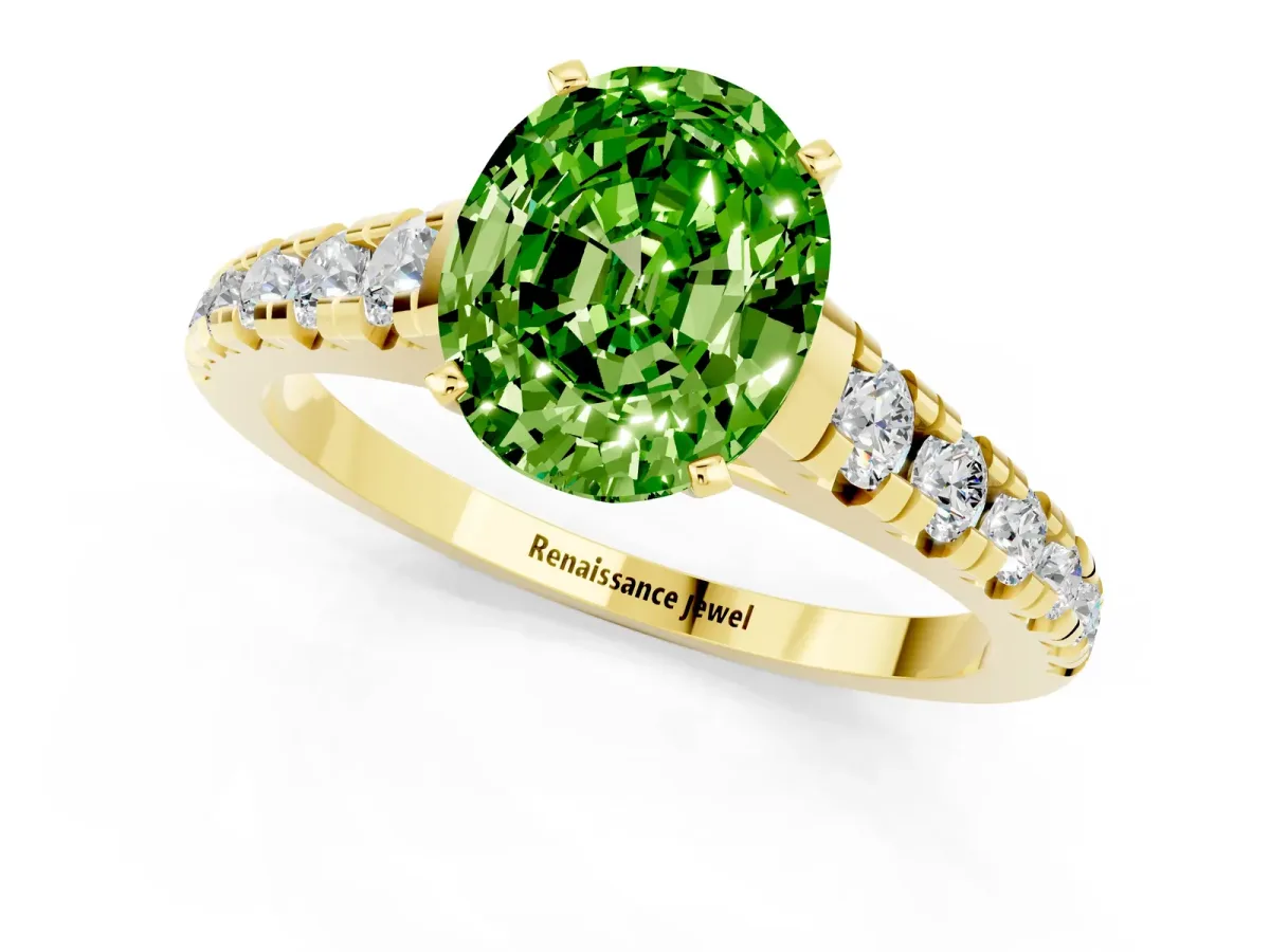 Oval Cut Peridot Cathedral Solitaire Ring with Round Pavé Band Yellow gold