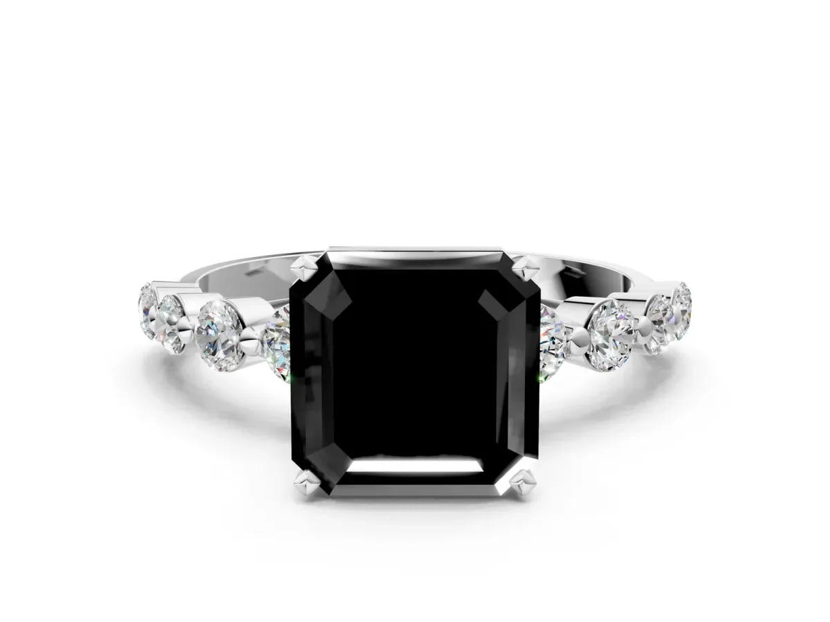 Fancy Black Asscher Cut Solitaire Diamond Ring with Pave Band and Four-Prong Setting Silver