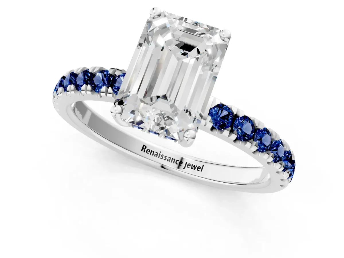 Emerald Cut Diamond Pave Band Solitaire Ring with Round Blue Sapphire and Prong Setting Silver