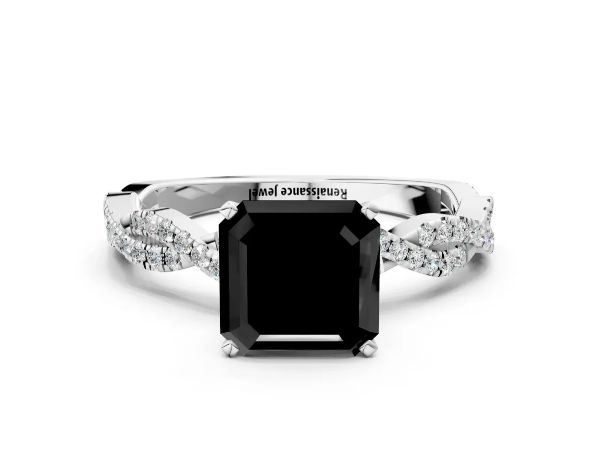 Fancy Black Asscher Cut Solitaire Twisted Pave Band with Four-Prong Setting Platinum
