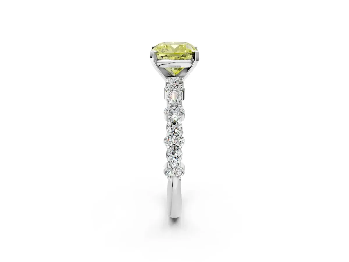 Fancy Yellow Cushion Cut Diamond Side Stone Solitaire Ring with Round and Four-Prong Setting Platinum