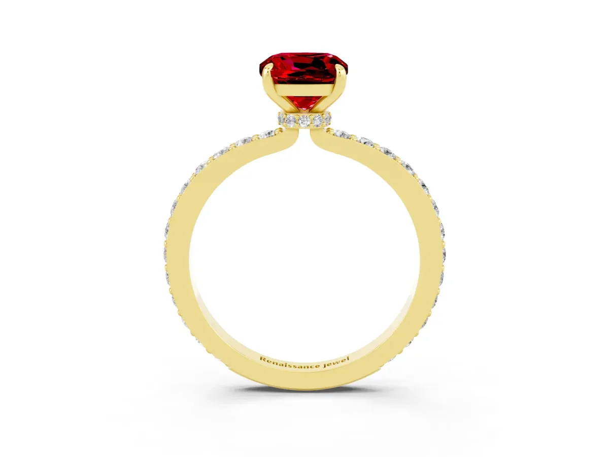 Cushion Cut Ruby Solitaire Engagement Ring with Pavé Band and Four-Prong Setting Yellow gold