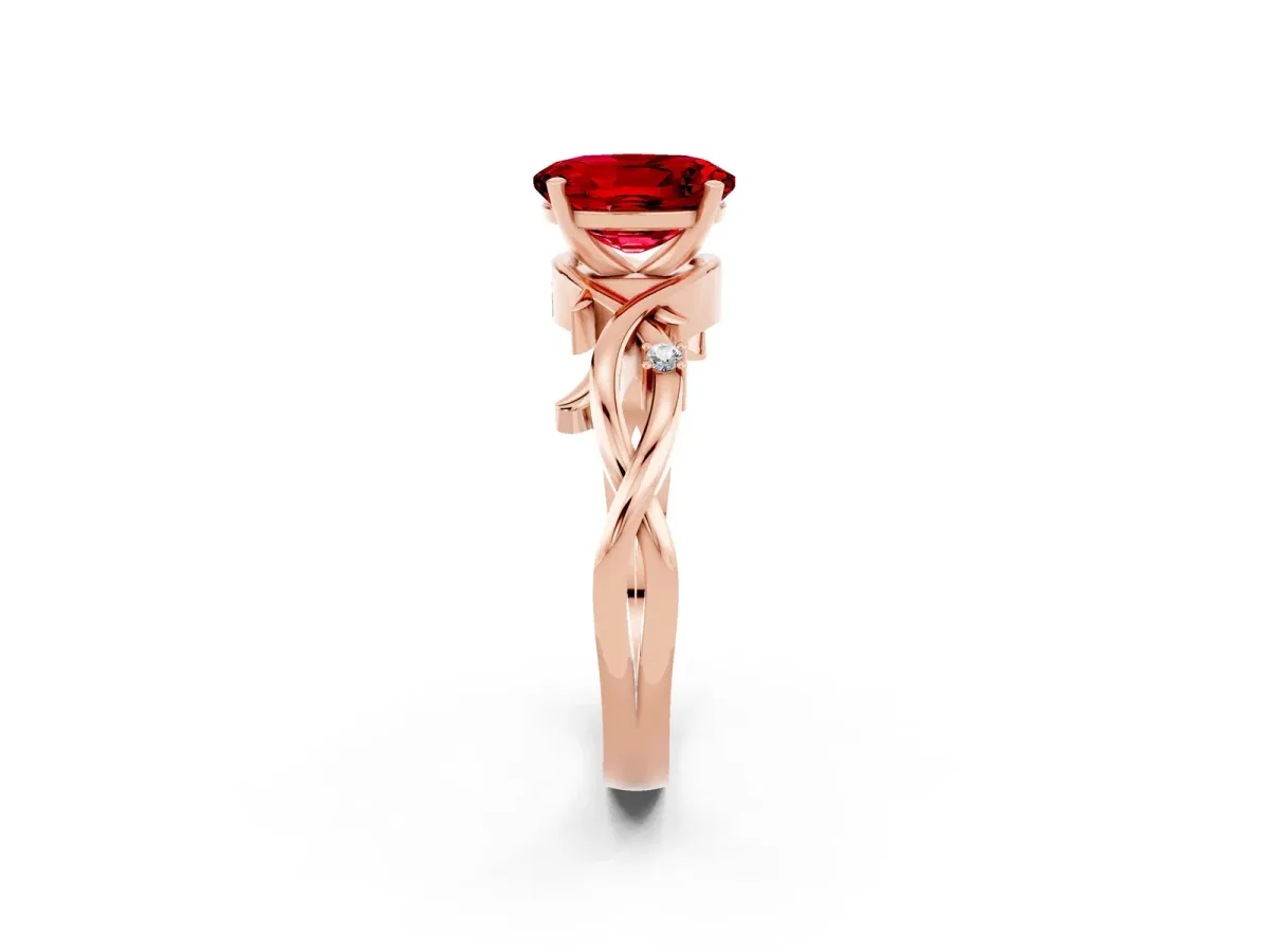 Oval Cut Ruby Solitaire Ring with Twisted Band and Prong Setting Rose gold