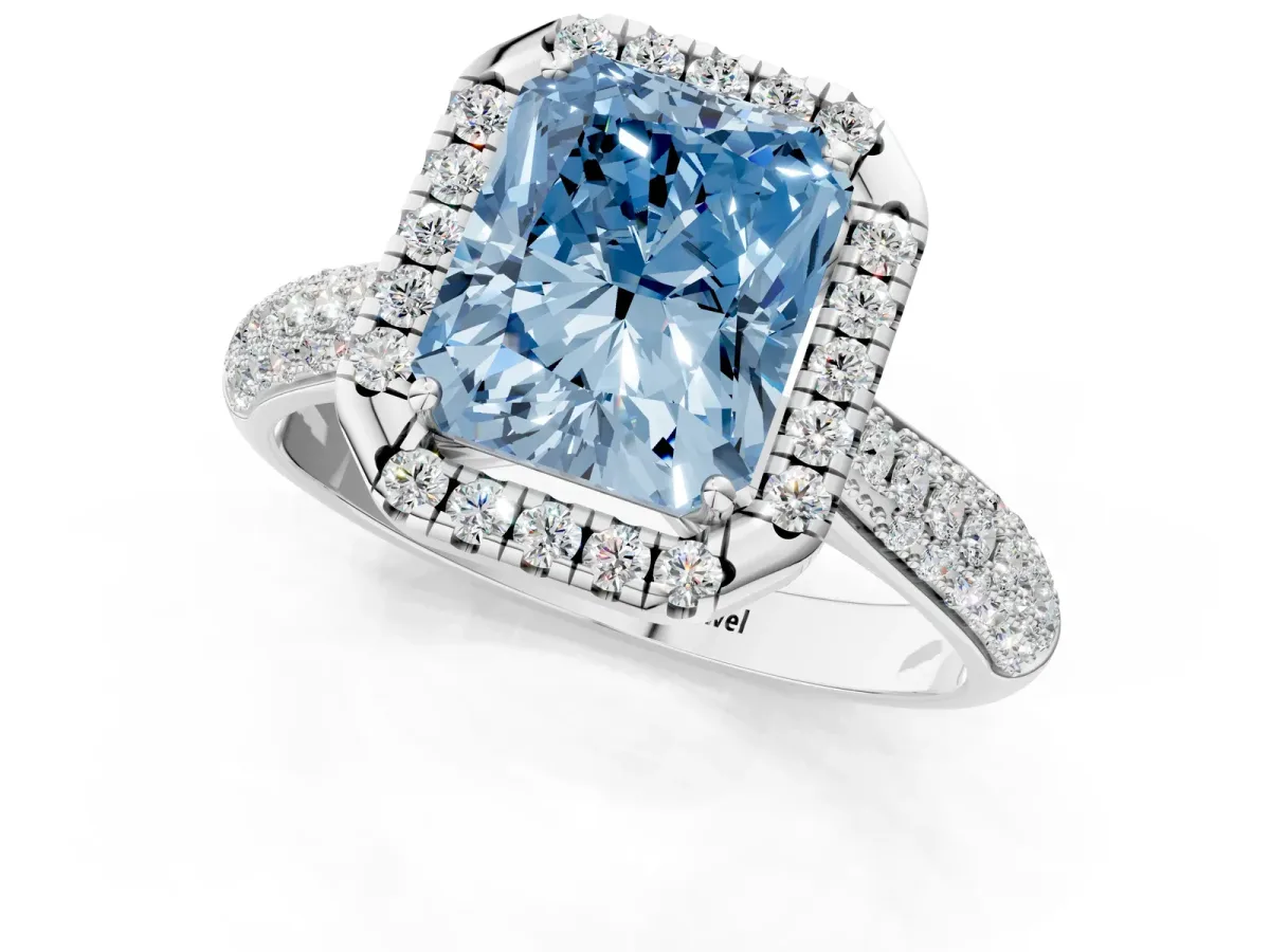Fancy Blue Radiant Cut Halo Diamond Ring with Pavé Band Platinum