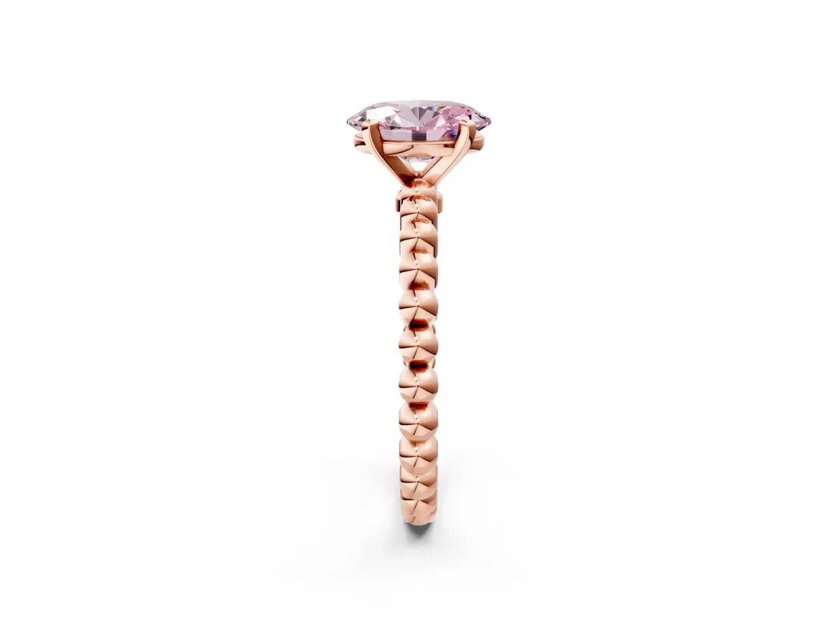 Fancy Pink Oval Cut Diamond Solitaire Ring with Beaded Band and Prong Setting Rose gold