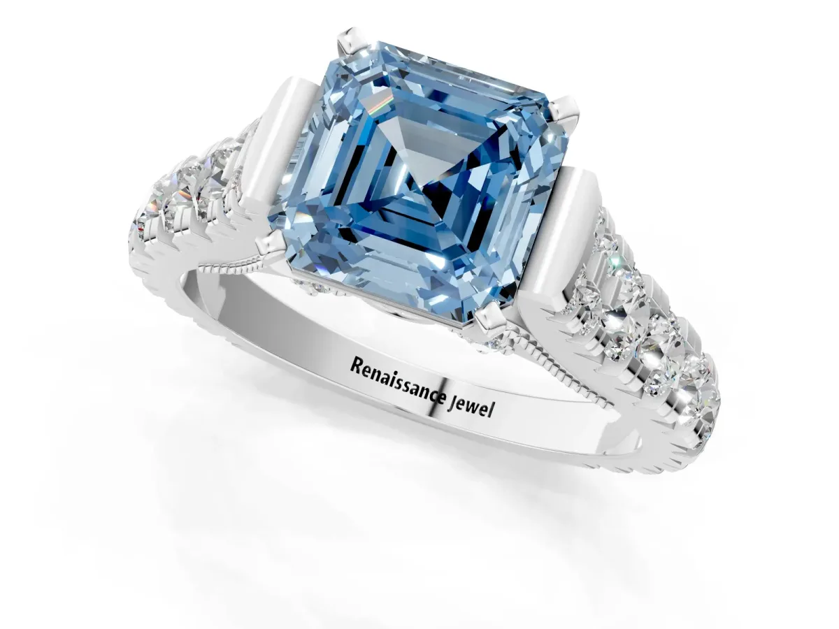 Fancy Blue Asscher Cut Diamond Classic Solitaire Ring with Pavé Band and Four-Prong Setting Platinum
