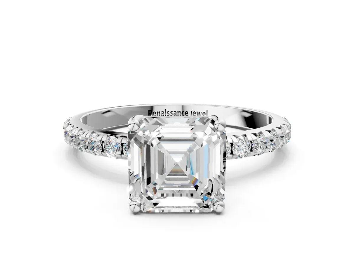 Asscher Cut Cut Diamond Solitaire Ring with Micro Pave Band and Four Prong Setting Platinum