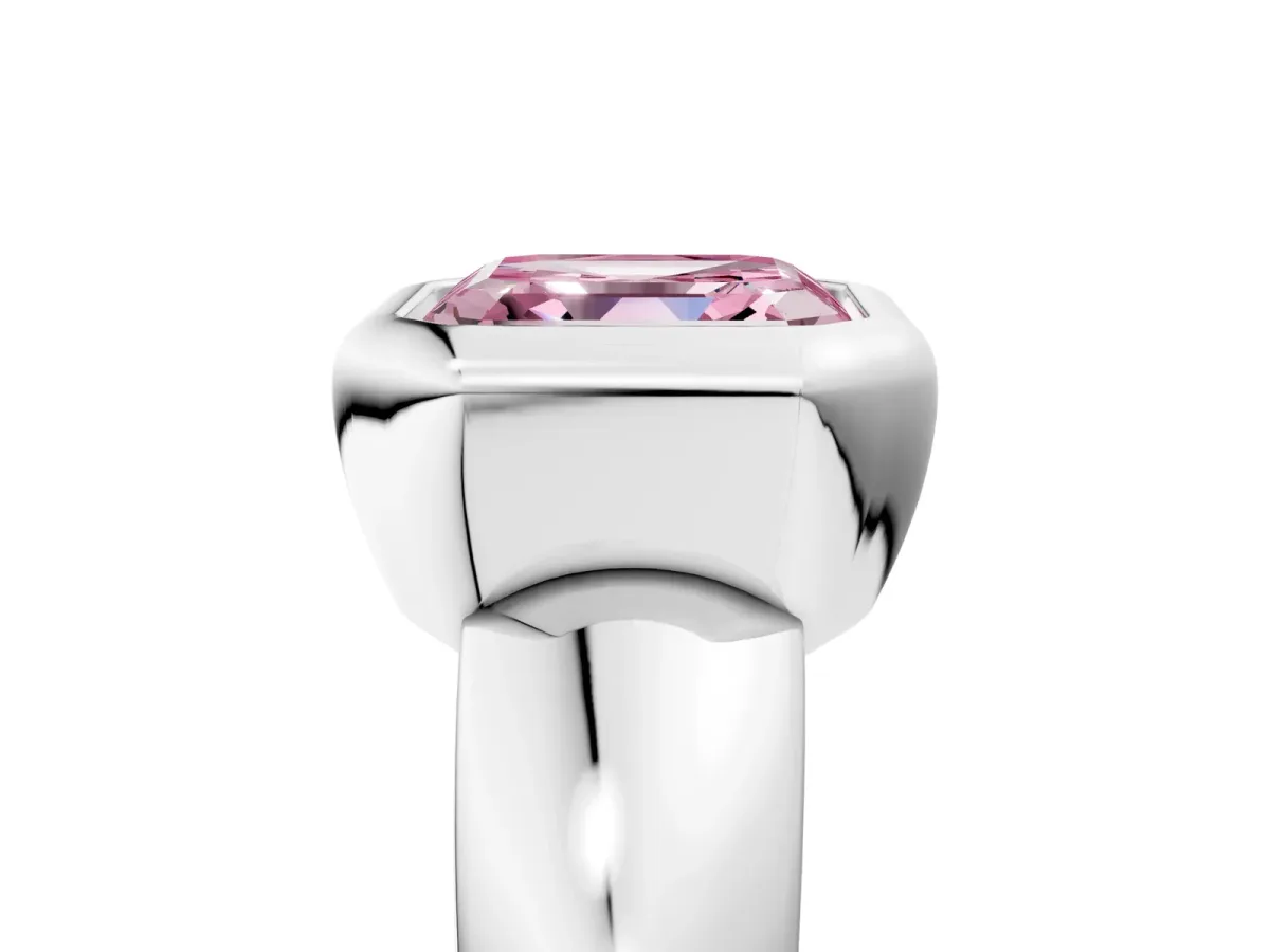 Fancy Pink Bezel Set Asscher Cut Solitaire Ring with Wide Band Platinum