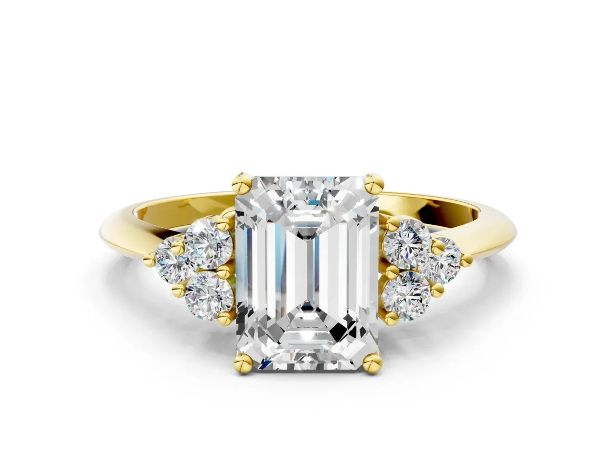 Emerald Cut Cut Diamond Cluster Ring with Solitaire Band and Four-Prong Setting Yellow gold