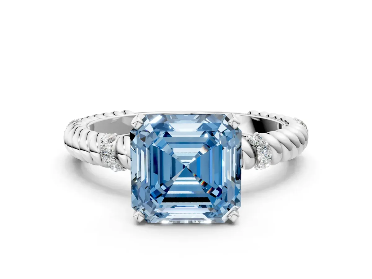 Fancy Blue Asscher Cut Solitaire Twisted Band Prong Set Engagement Ring Silver