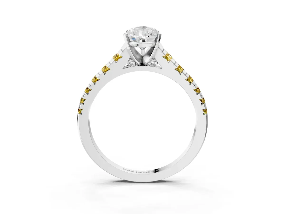Pear Cut Diamond Cathedral Solitaire Ring with Round Yellow Sapphire Pavé Band Silver
