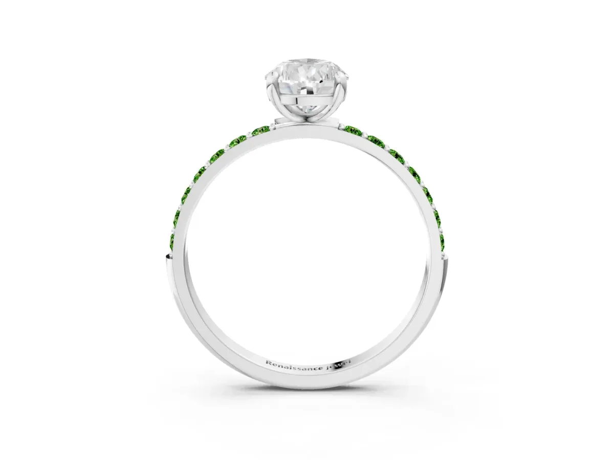 Pear Cut Diamond Solitaire Ring with Round Peridot Pavé Band and Prong Setting Silver