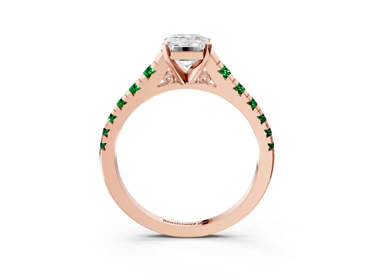 Emerald Cut Diamond Cathedral Solitaire Ring with Round Emerald Pavé Band Rose gold