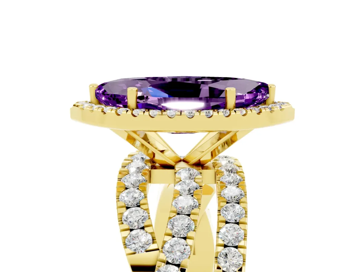 Marquise Cut Amethyst Halo Ring with Round Split Shank and Prong Setting Yellow gold