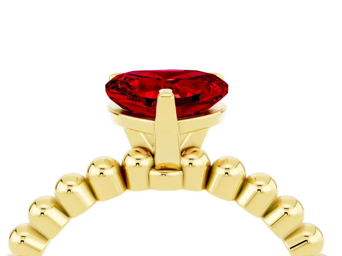 Heart Cut Ruby Solitaire Ring with Beaded Band and Prong Setting Yellow gold