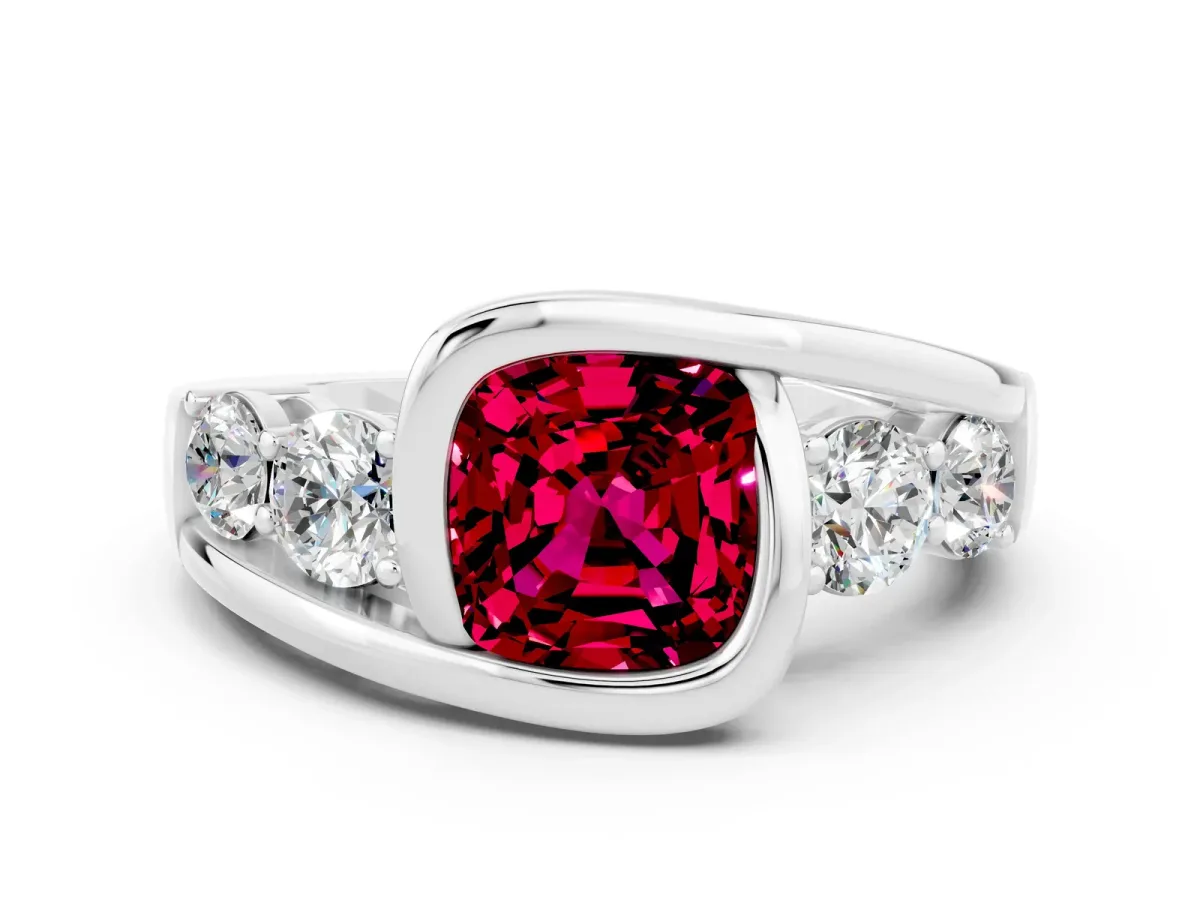 Bezel Set Cushion Cut Garnet Bypass Ring with Round Accents Silver