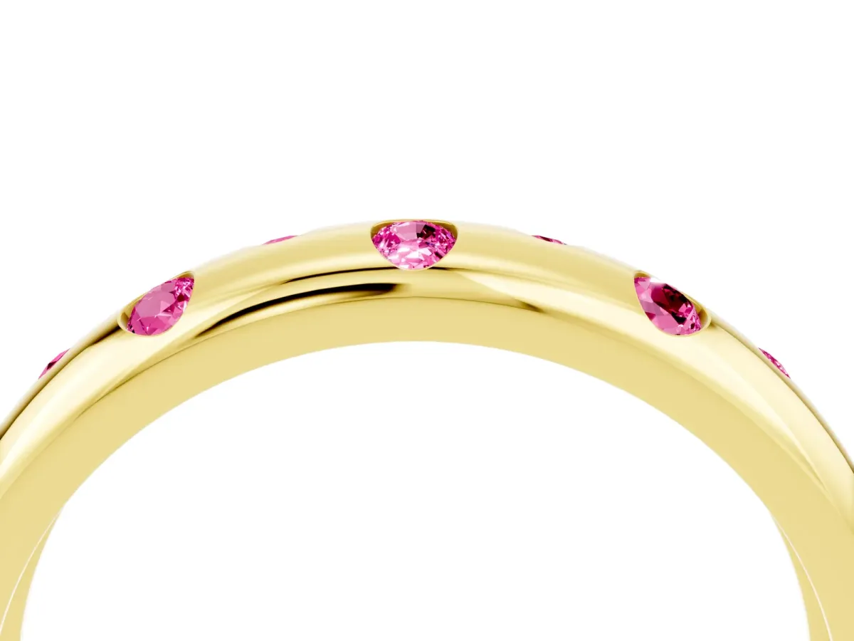 Round Pink Sapphire Flush-Set Comfort Fit Band Yellow gold