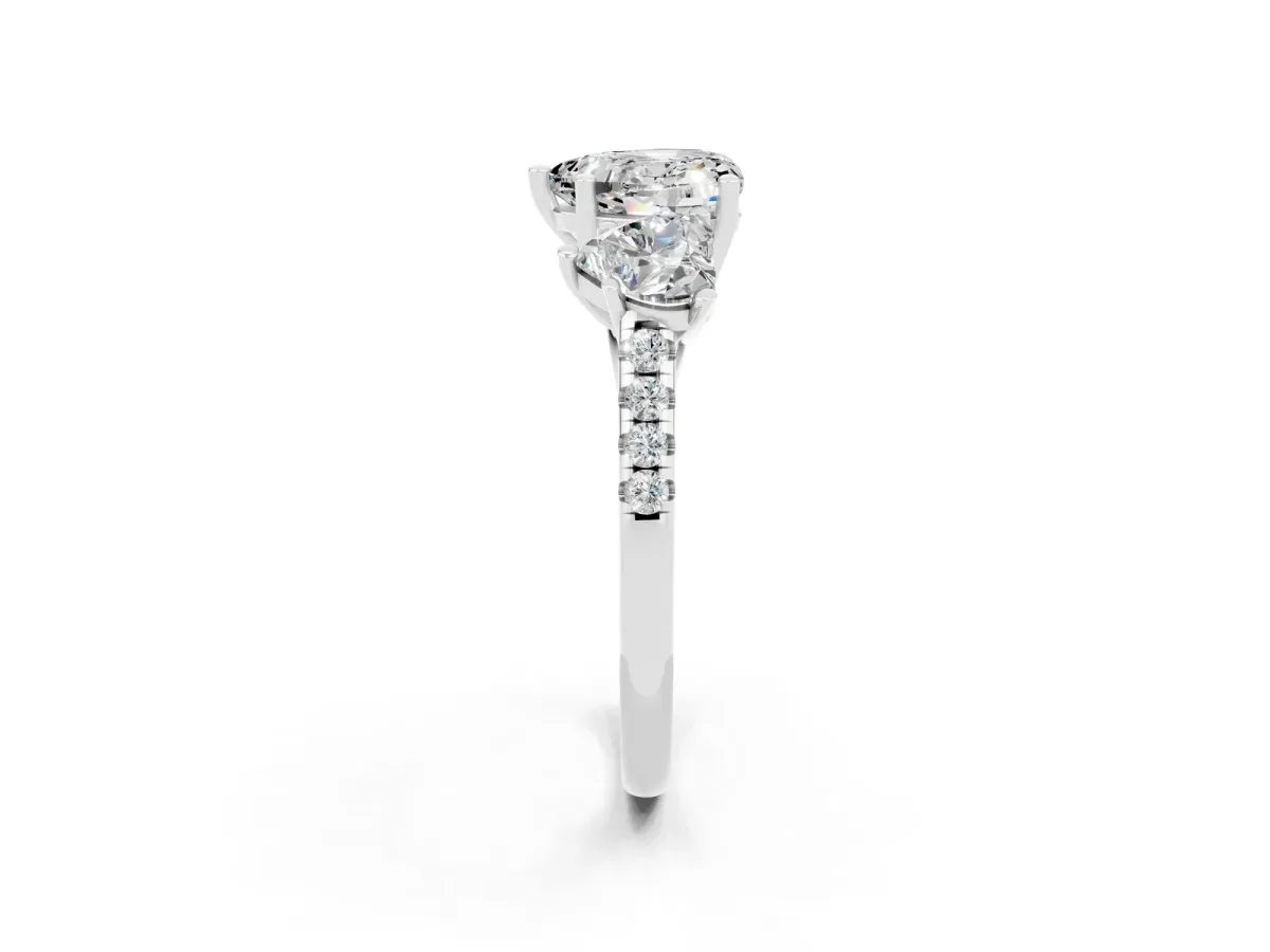 Three-Stone Heart Cut Moissanite Ring with Round Pavé Band and Prong Setting Silver