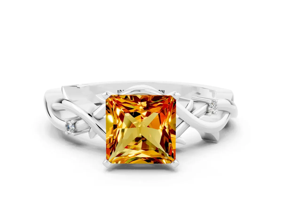 Princess Cut Citrine Solitaire Ring with Twisted Band and Prong Setting Platinum